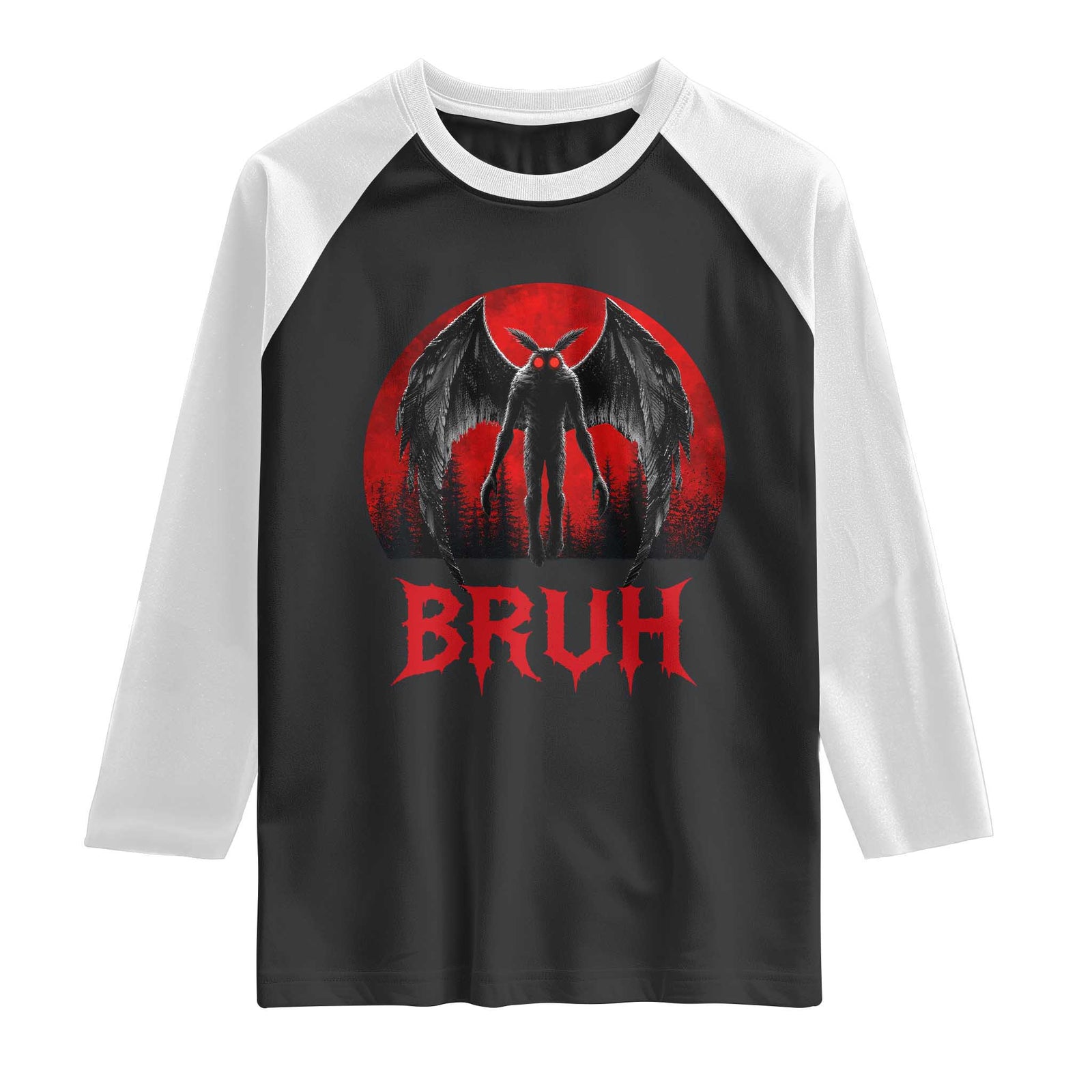 Funny Bruh Mothman Raglan Shirt Cryptozoology Cryptid Humor Weirdcore Horror Moon TS11 Black White Print Your Wear