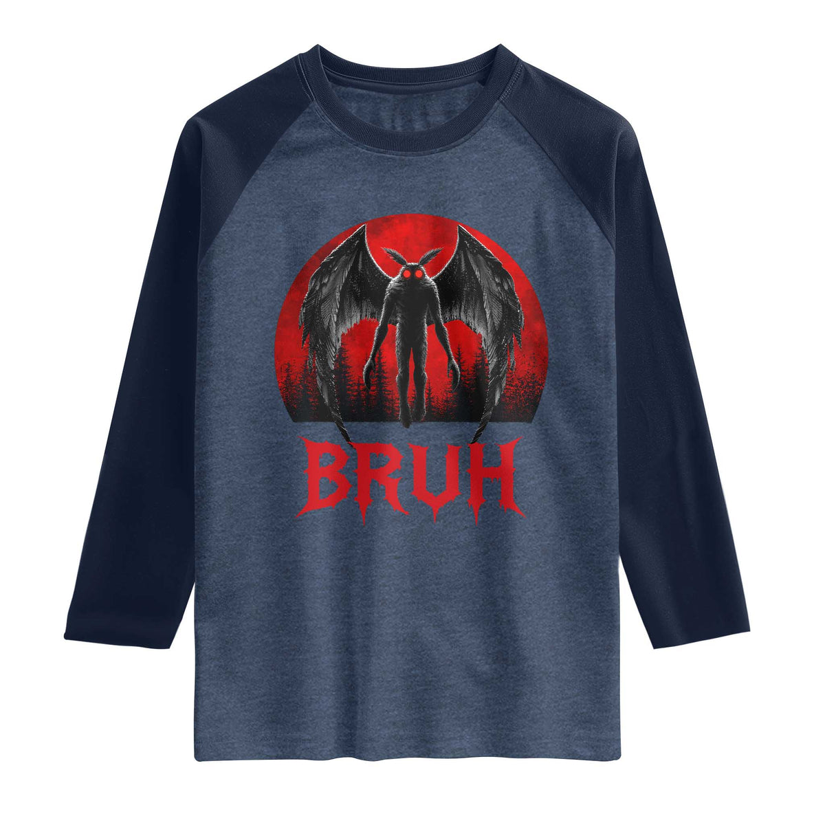 Funny Bruh Mothman Raglan Shirt Cryptozoology Cryptid Humor Weirdcore Horror Moon
