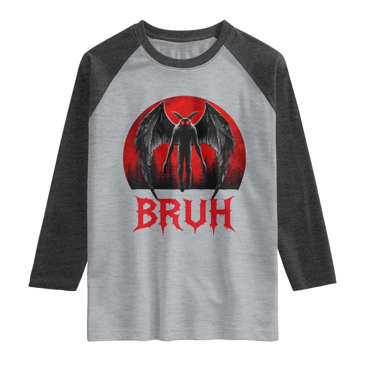 Funny Bruh Mothman Raglan Shirt Cryptozoology Cryptid Humor Weirdcore Horror Moon
