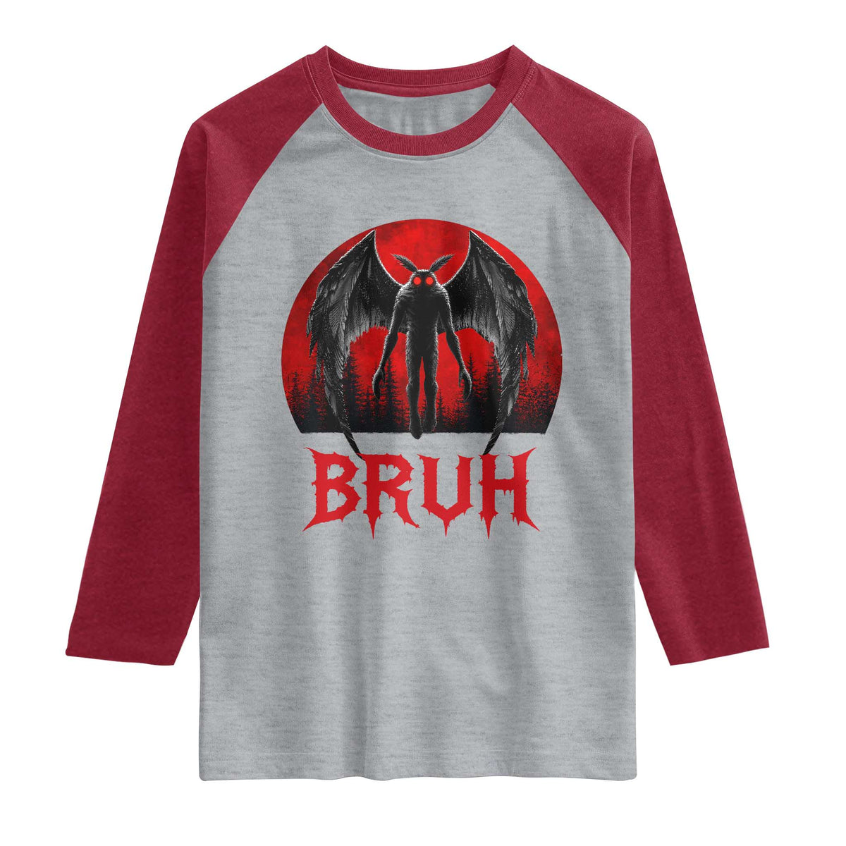 Funny Bruh Mothman Raglan Shirt Cryptozoology Cryptid Humor Weirdcore Horror Moon