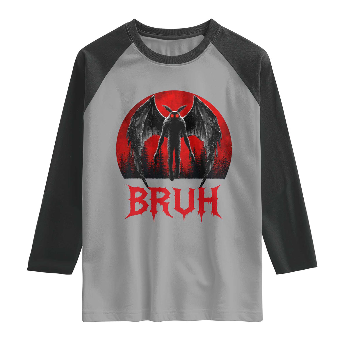 Funny Bruh Mothman Raglan Shirt Cryptozoology Cryptid Humor Weirdcore Horror Moon