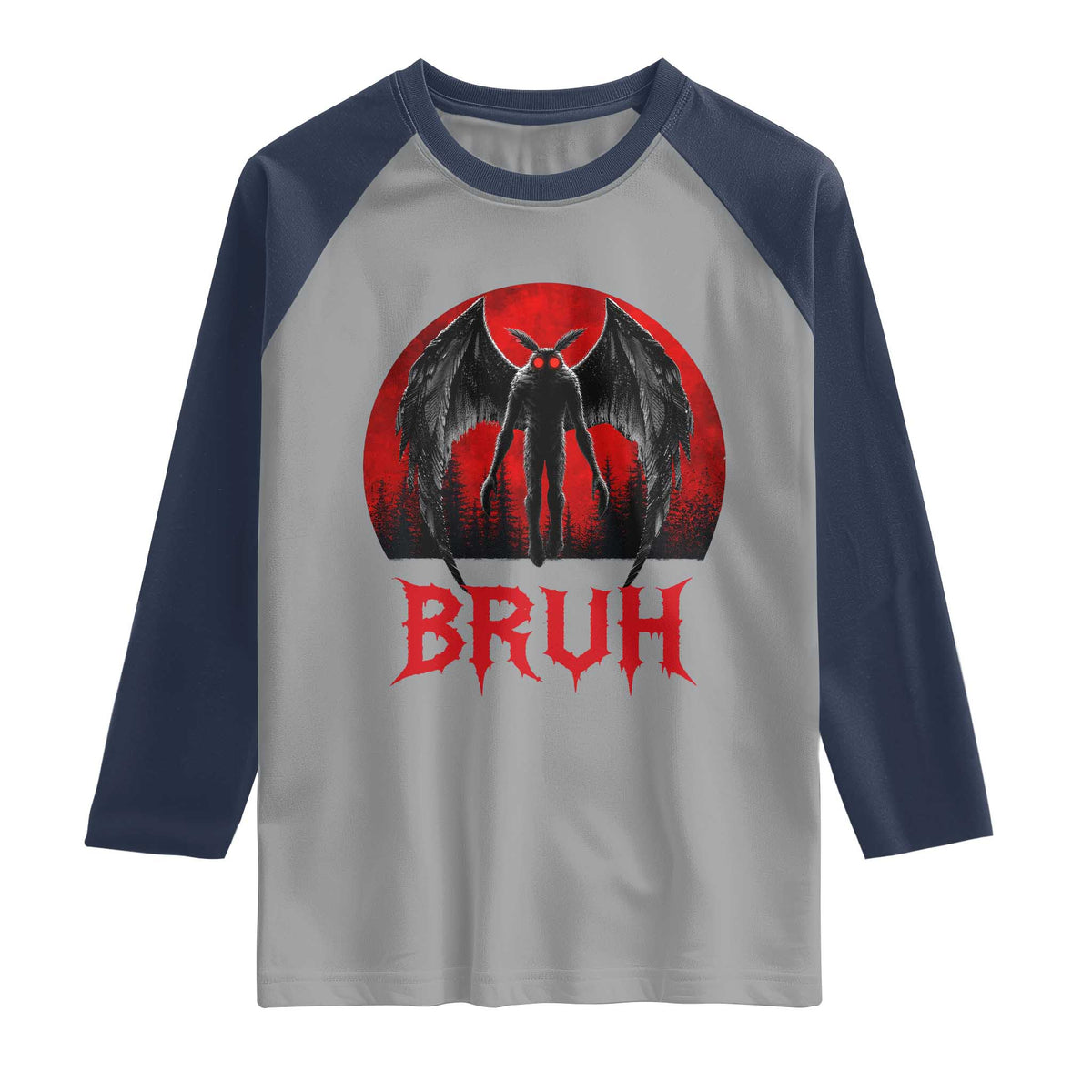 Funny Bruh Mothman Raglan Shirt Cryptozoology Cryptid Humor Weirdcore Horror Moon
