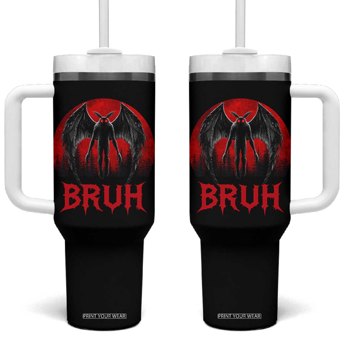 Funny Bruh Mothman Tumbler With Handle Cryptozoology Cryptid Humor Weirdcore Horror Moon TS11 One Size: 40 oz Black Print Your Wear
