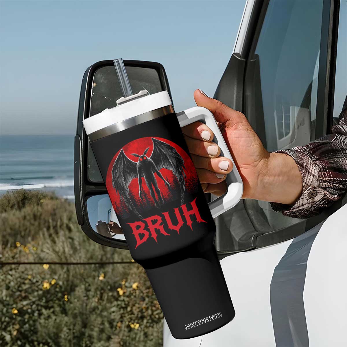 Funny Bruh Mothman Tumbler With Handle Cryptozoology Cryptid Humor Weirdcore Horror Moon