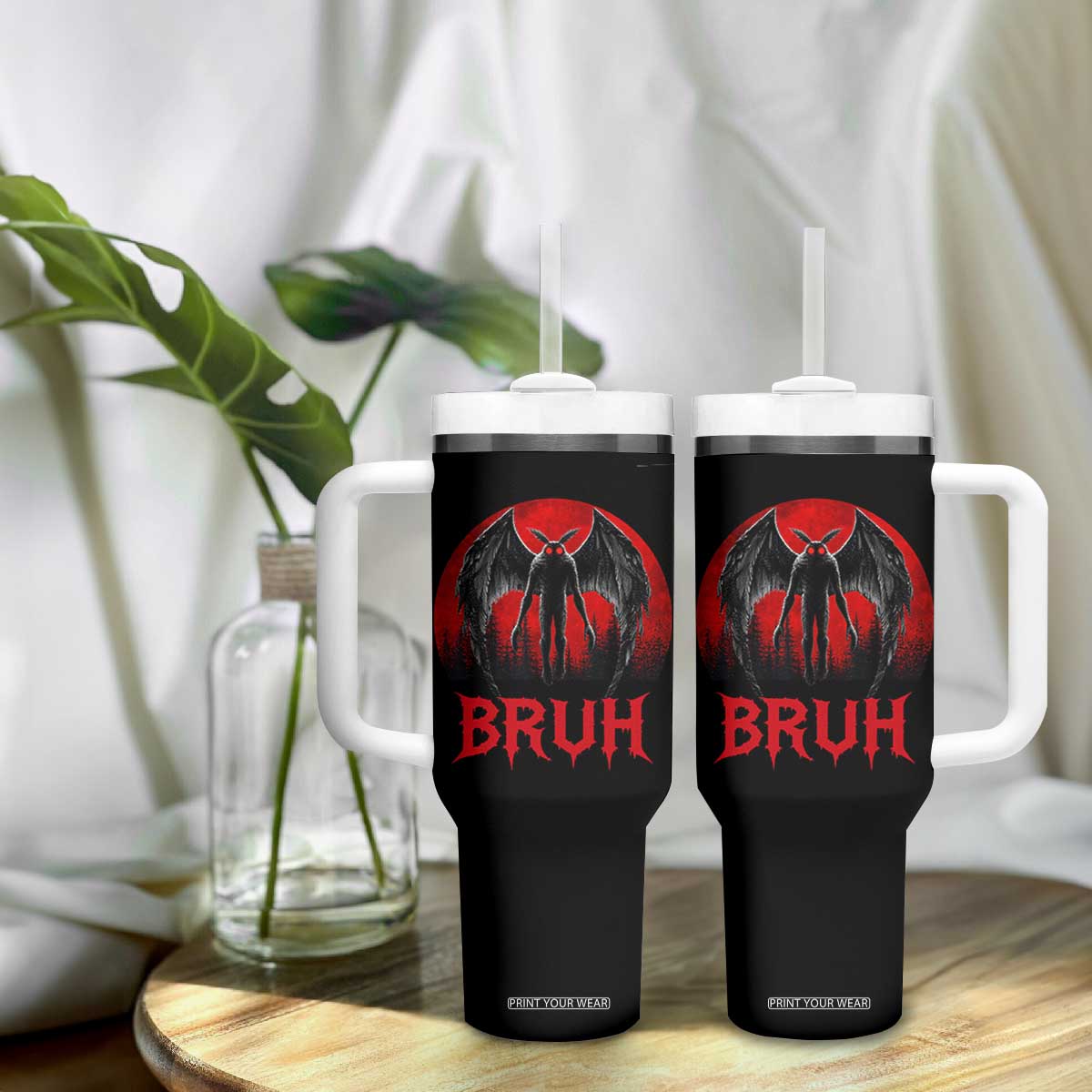 Funny Bruh Mothman Tumbler With Handle Cryptozoology Cryptid Humor Weirdcore Horror Moon