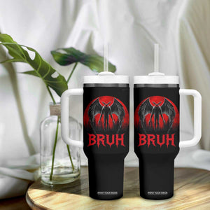 Funny Bruh Mothman Tumbler With Handle Cryptozoology Cryptid Humor Weirdcore Horror Moon