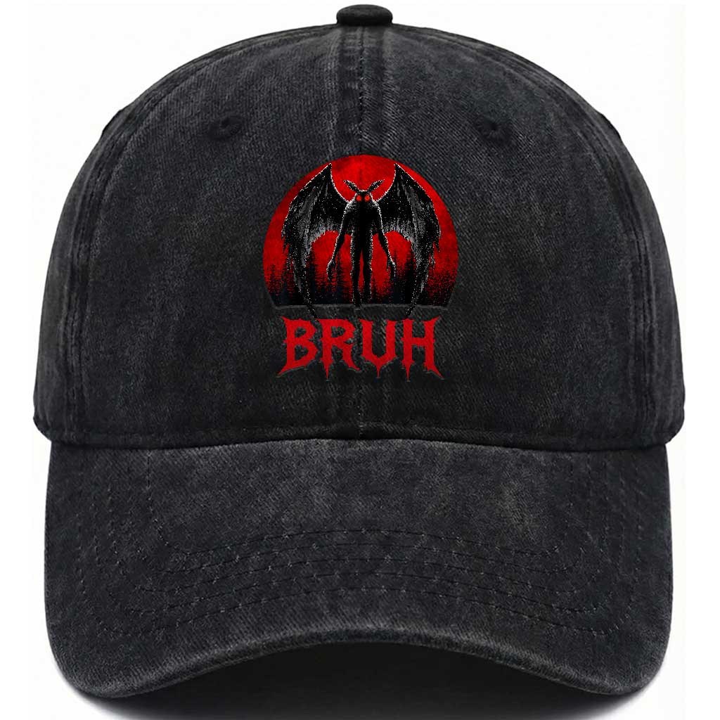 Funny Bruh Mothman Washed Cotton Baseball Cap Cryptozoology Cryptid Humor Weirdcore Horror Moon TS11 Print Your Wear