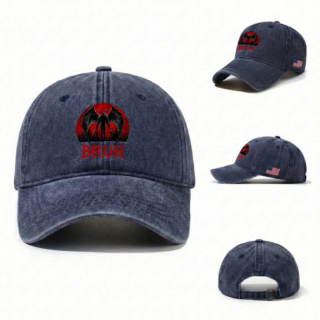 Funny Bruh Mothman Washed Cotton Baseball Cap Cryptozoology Cryptid Humor Weirdcore Horror Moon
