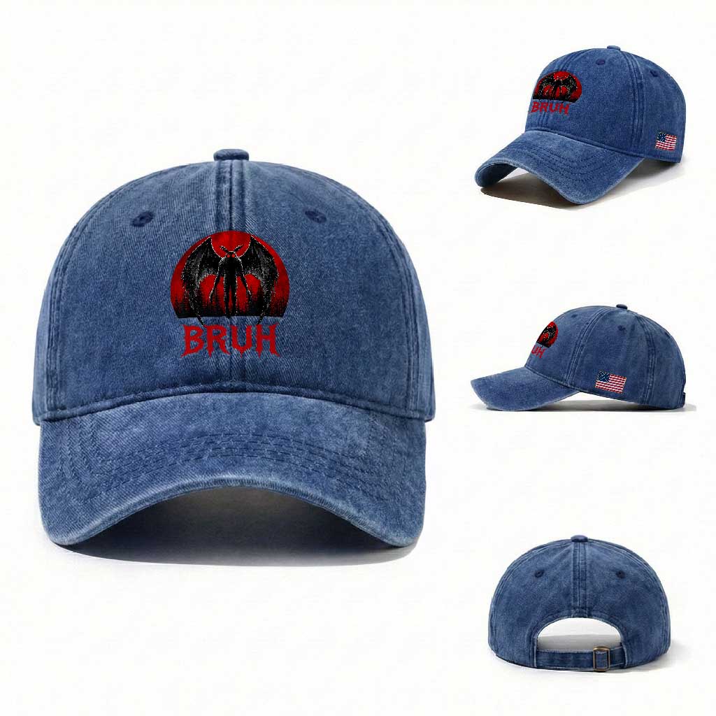 Funny Bruh Mothman Washed Cotton Baseball Cap Cryptozoology Cryptid Humor Weirdcore Horror Moon