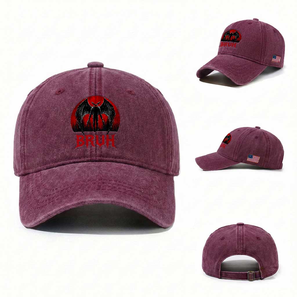 Funny Bruh Mothman Washed Cotton Baseball Cap Cryptozoology Cryptid Humor Weirdcore Horror Moon