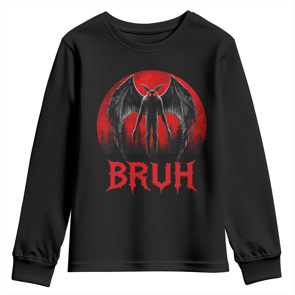 Funny Bruh Mothman Youth Sweatshirt Cryptozoology Cryptid Humor Weirdcore Horror Moon