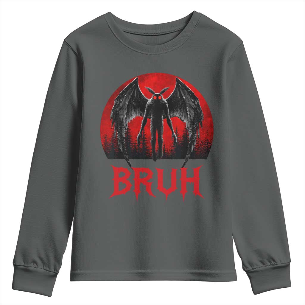 Funny Bruh Mothman Youth Sweatshirt Cryptozoology Cryptid Humor Weirdcore Horror Moon