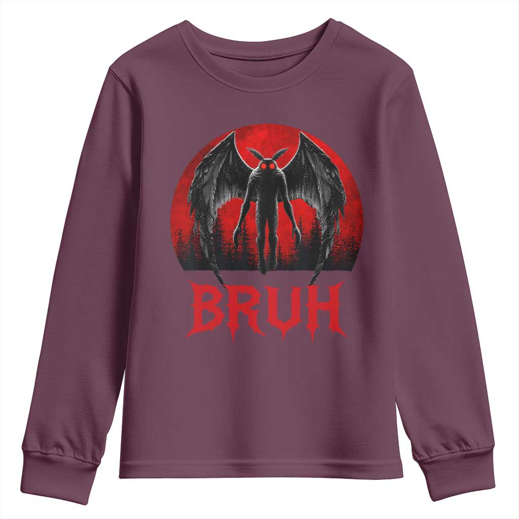 Funny Bruh Mothman Youth Sweatshirt Cryptozoology Cryptid Humor Weirdcore Horror Moon