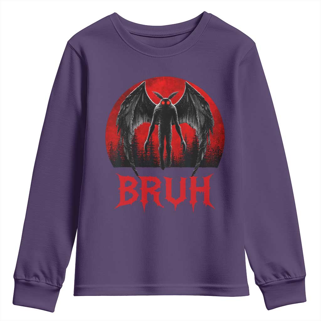 Funny Bruh Mothman Youth Sweatshirt Cryptozoology Cryptid Humor Weirdcore Horror Moon