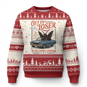 Funny Mothman Ugly Christmas Sweater Get In Loser We Are Going Lurking Cryptid Lover