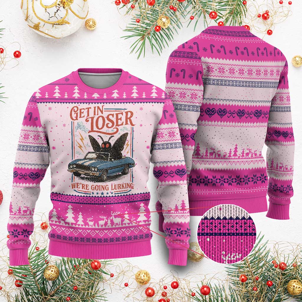 Funny Mothman Ugly Christmas Sweater Get In Loser We Are Going Lurking Cryptid Lover