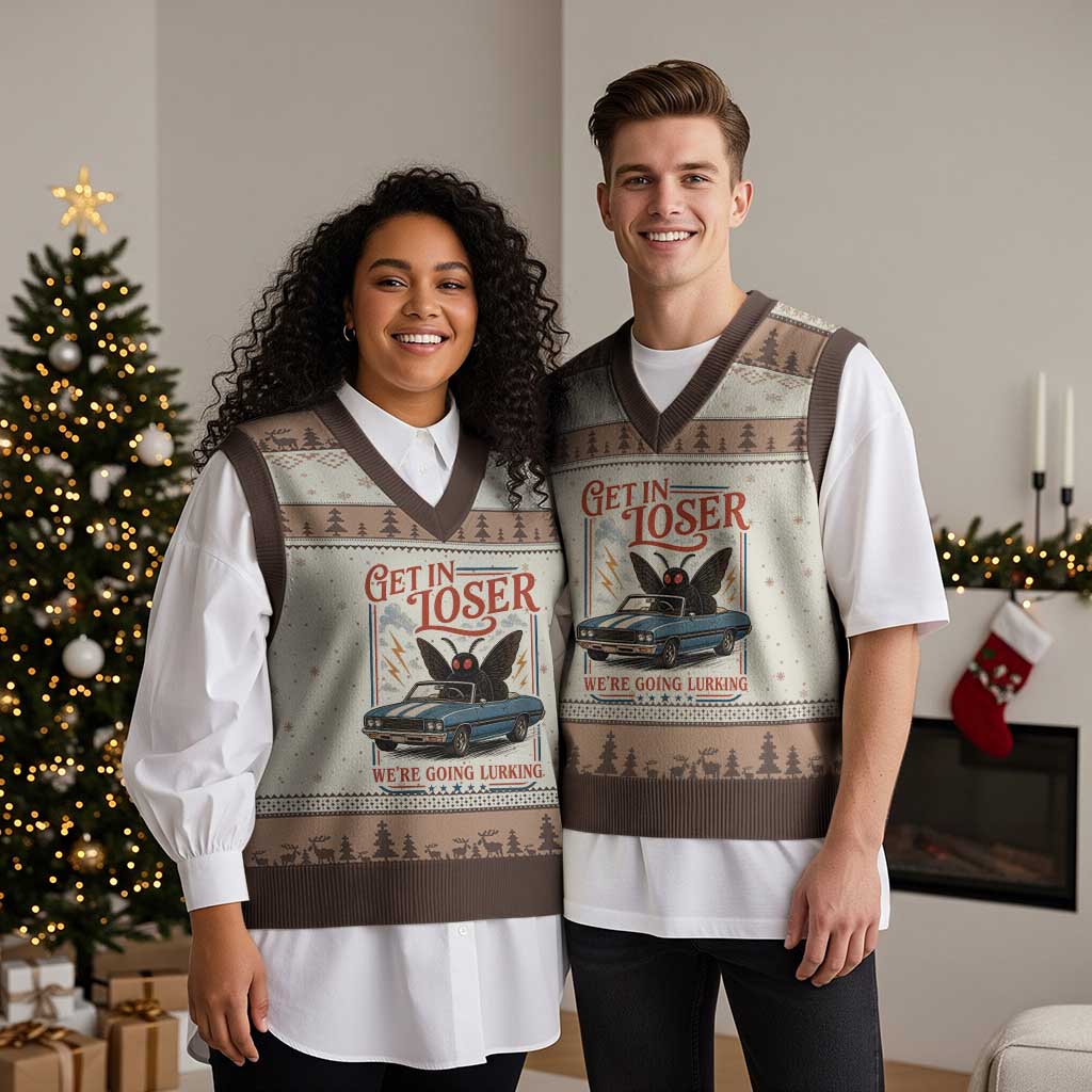 Funny Mothman V-Neck Knit Sweater Vest Get In Loser We Are Going Lurking Cryptid Lover