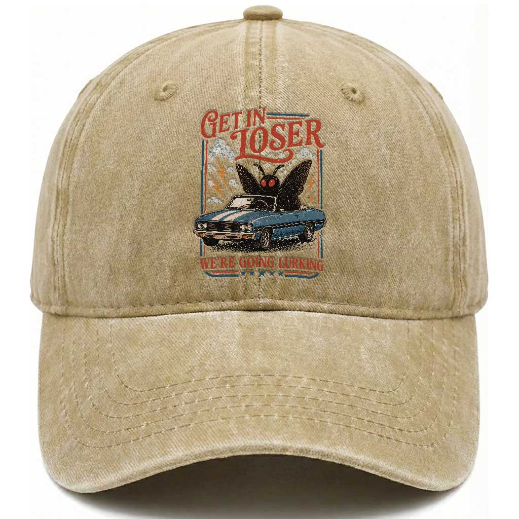 Funny Mothman Washed Cotton Baseball Cap Get In Loser We Are Going Lurking Cryptid Lover TS11 Print Your Wear