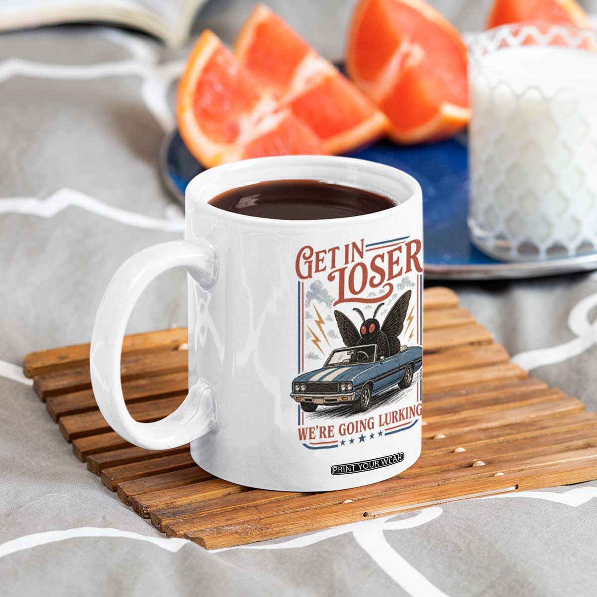 Funny Mothman Coffee Mug Get In Loser We Are Going Lurking Cryptid Lover