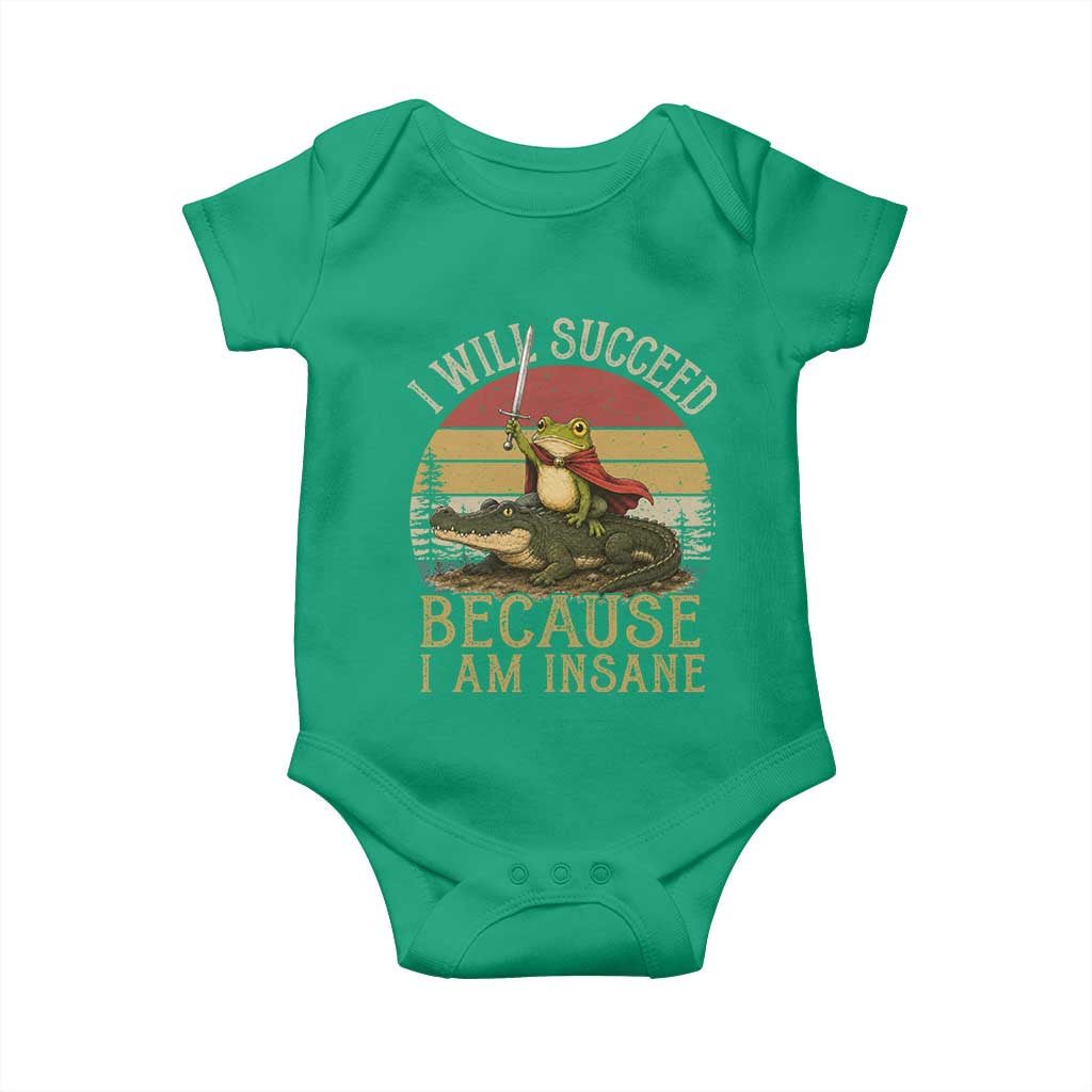 I Will Succeed Because I Am Insane Funny Frog Riding Alligator Baby Onesie