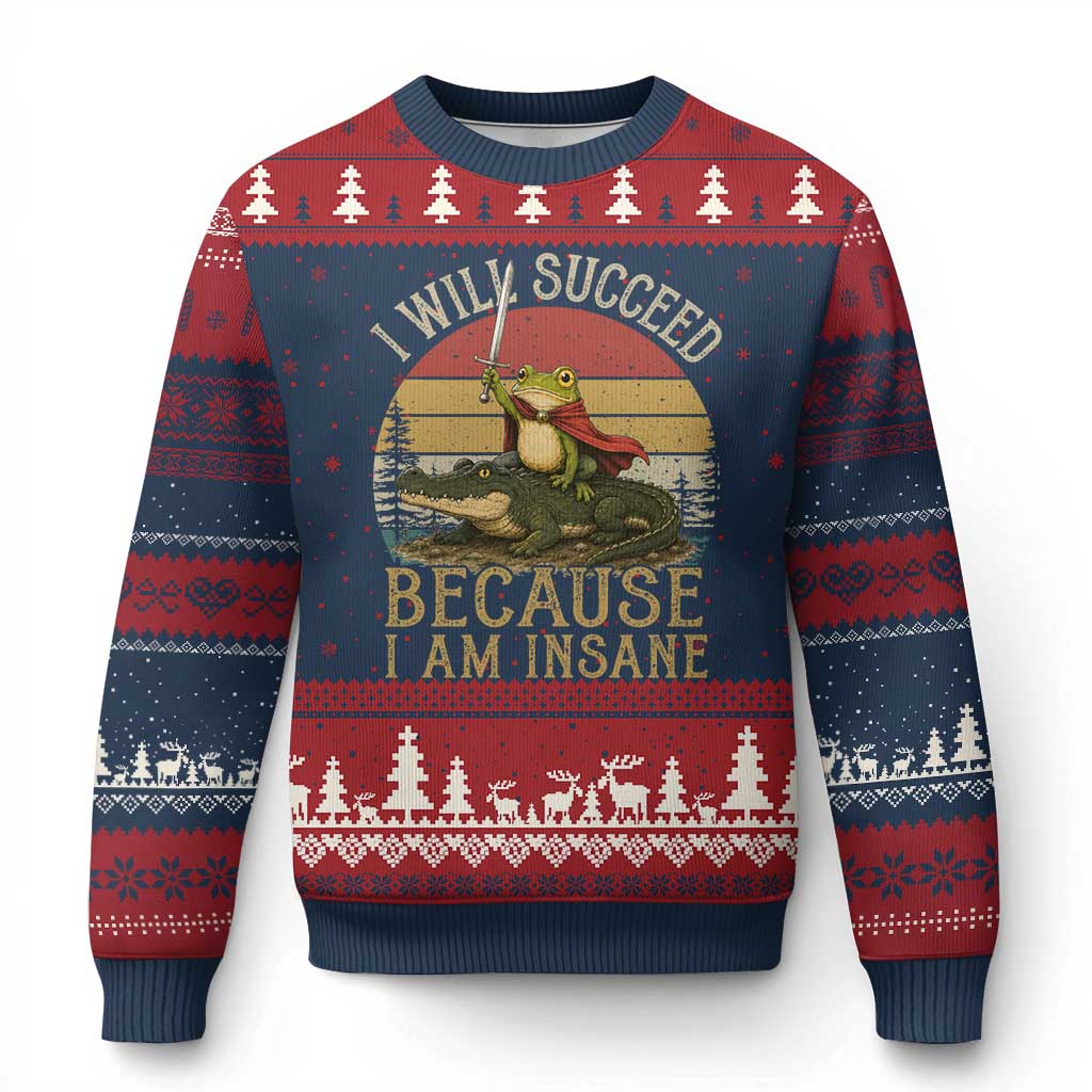 I Will Succeed Because I Am Insane Funny Frog Riding Alligator Ugly Christmas Sweater TS11 Navy Red Print Your Wear