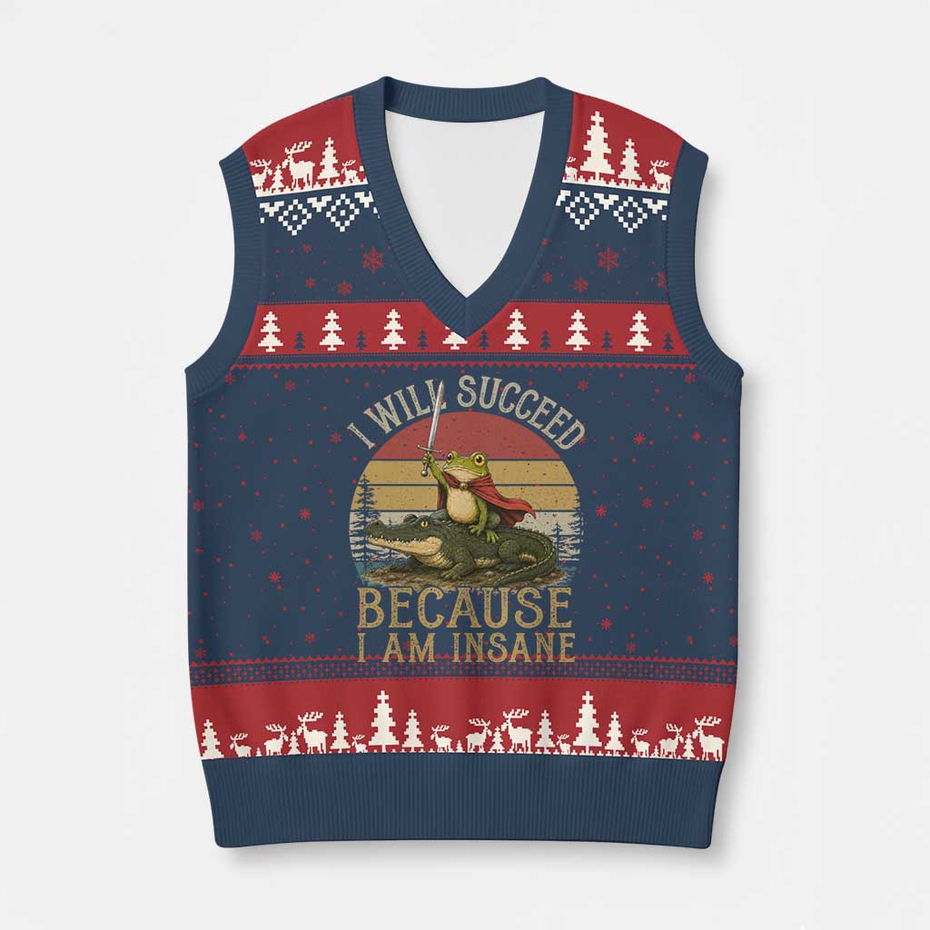 I Will Succeed Because I Am Insane Funny Frog Riding Alligator V-Neck Knit Sweater Vest