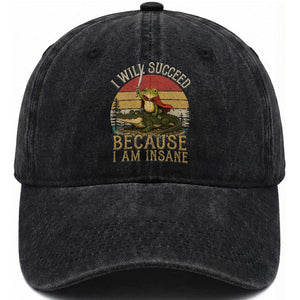 I Will Succeed Because I Am Insane Funny Frog Riding Alligator Washed Cotton Baseball Cap