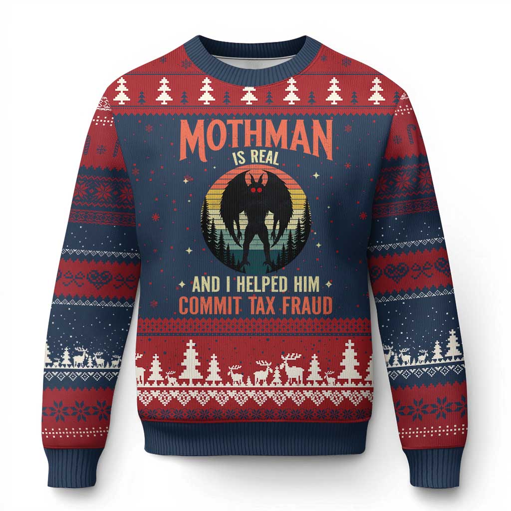 Funny Mothman Is Real And I Helped Him Commit Tax Fraud Ugly Christmas Sweater Retro Cryptid Cryptozoology TS11 Navy Red Print Your Wear