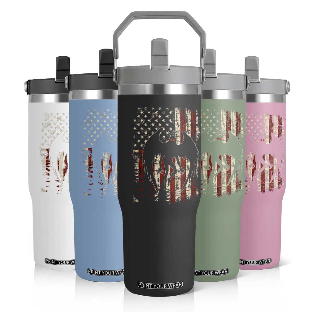 Mothman American Flag Patriotic Cryptid Creature Flip Straw Tumbler
