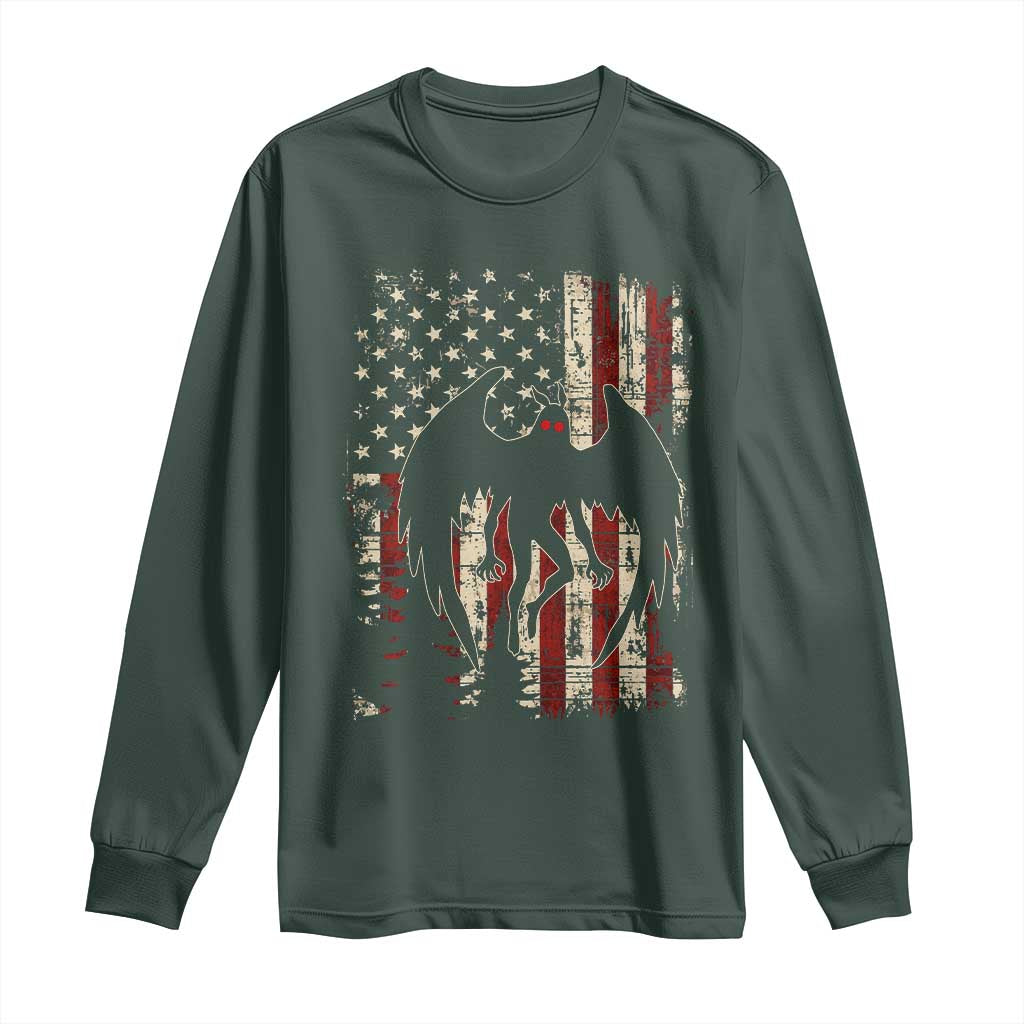 Mothman American Flag Patriotic Cryptid Creature Long Sleeve Shirt TS11 Dark Forest Green Print Your Wear