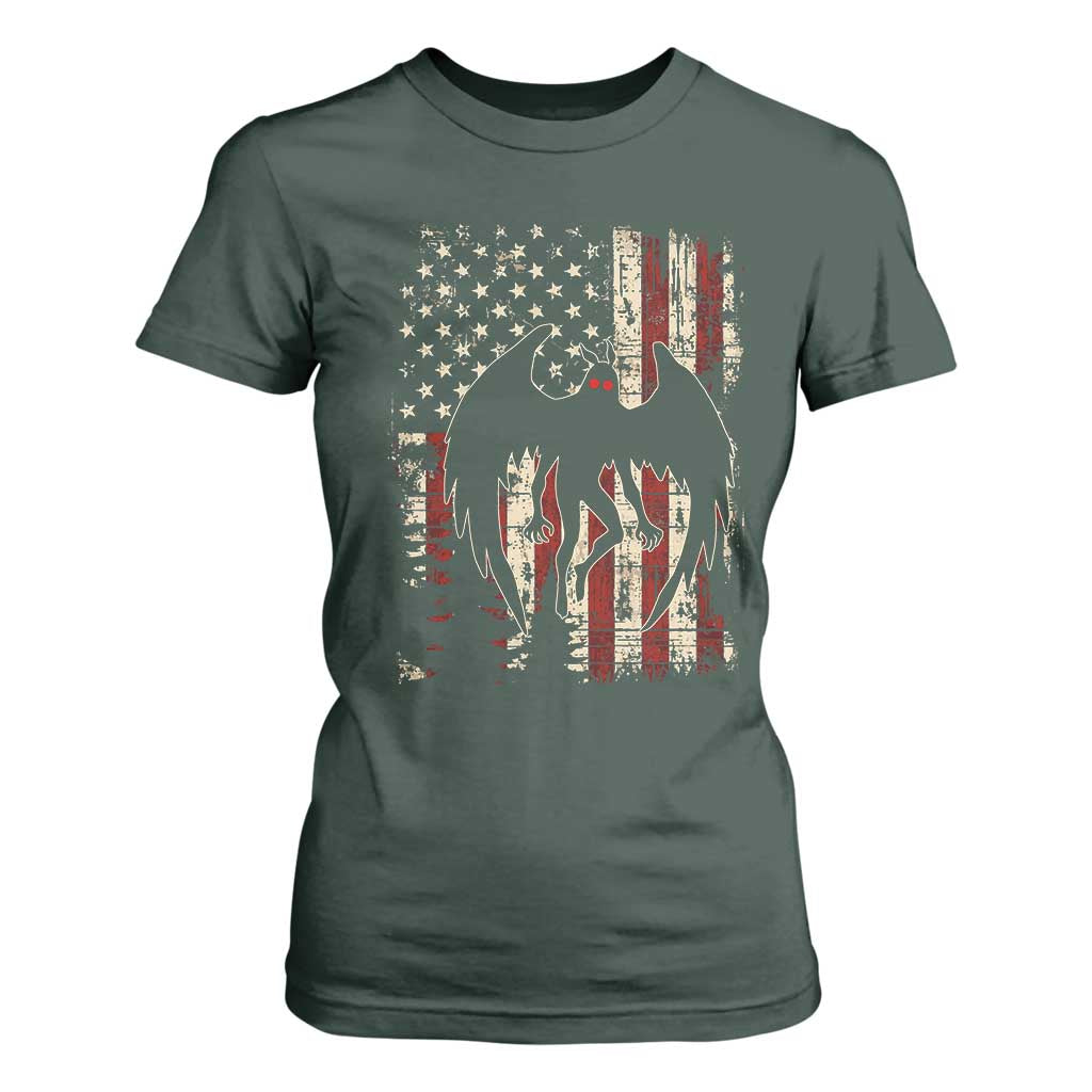 Mothman American Flag Patriotic Cryptid Creature T Shirt For Women TS11 Dark Forest Green Print Your Wear