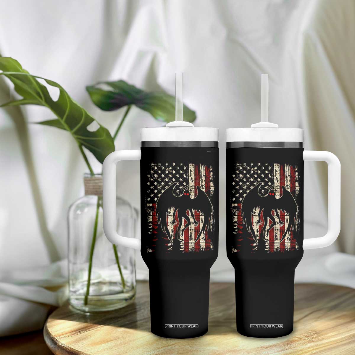 Mothman American Flag Patriotic Cryptid Creature Tumbler With Handle