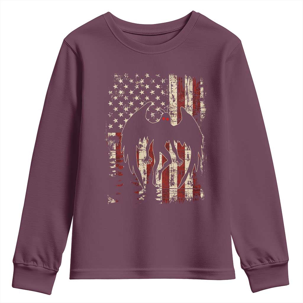 Mothman American Flag Patriotic Cryptid Creature Youth Sweatshirt TS11 Maroon Print Your Wear