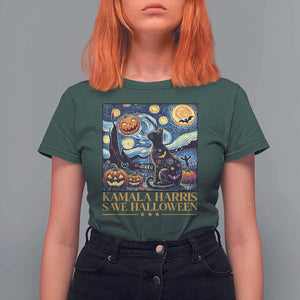 Harris Halloween T Shirt For Women Kamala Harris Save Halloween Starry Night Van Gogh Black Cat Pumpkin Bat TS11 Dark Forest Green Print Your Wear