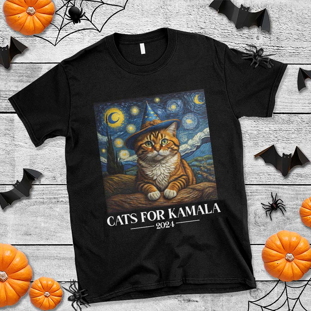 Harris Halloween T Shirt Cats For Kamala 2024 Starry Night Witch Cat TS11 Black Print Your Wear
