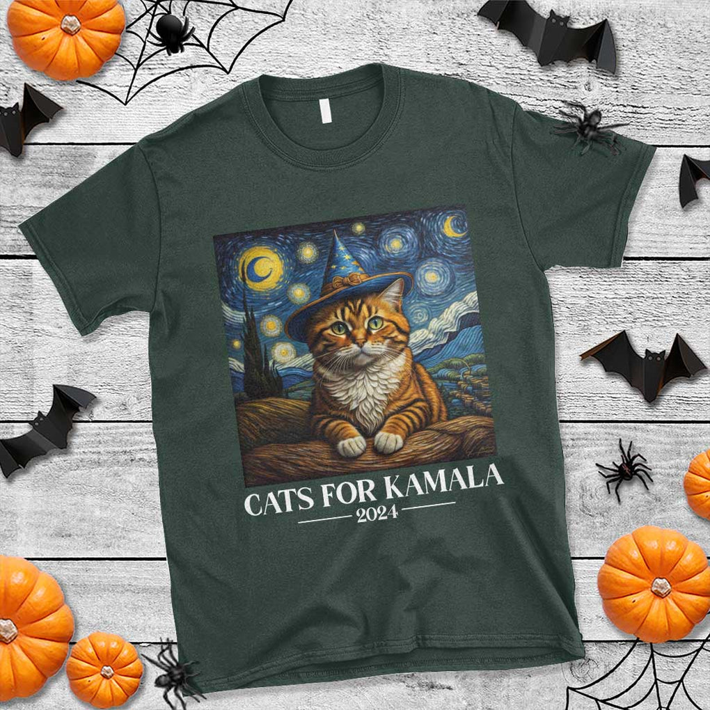 Harris Halloween T Shirt Cats For Kamala 2024 Starry Night Witch Cat TS11 Dark Forest Green Print Your Wear