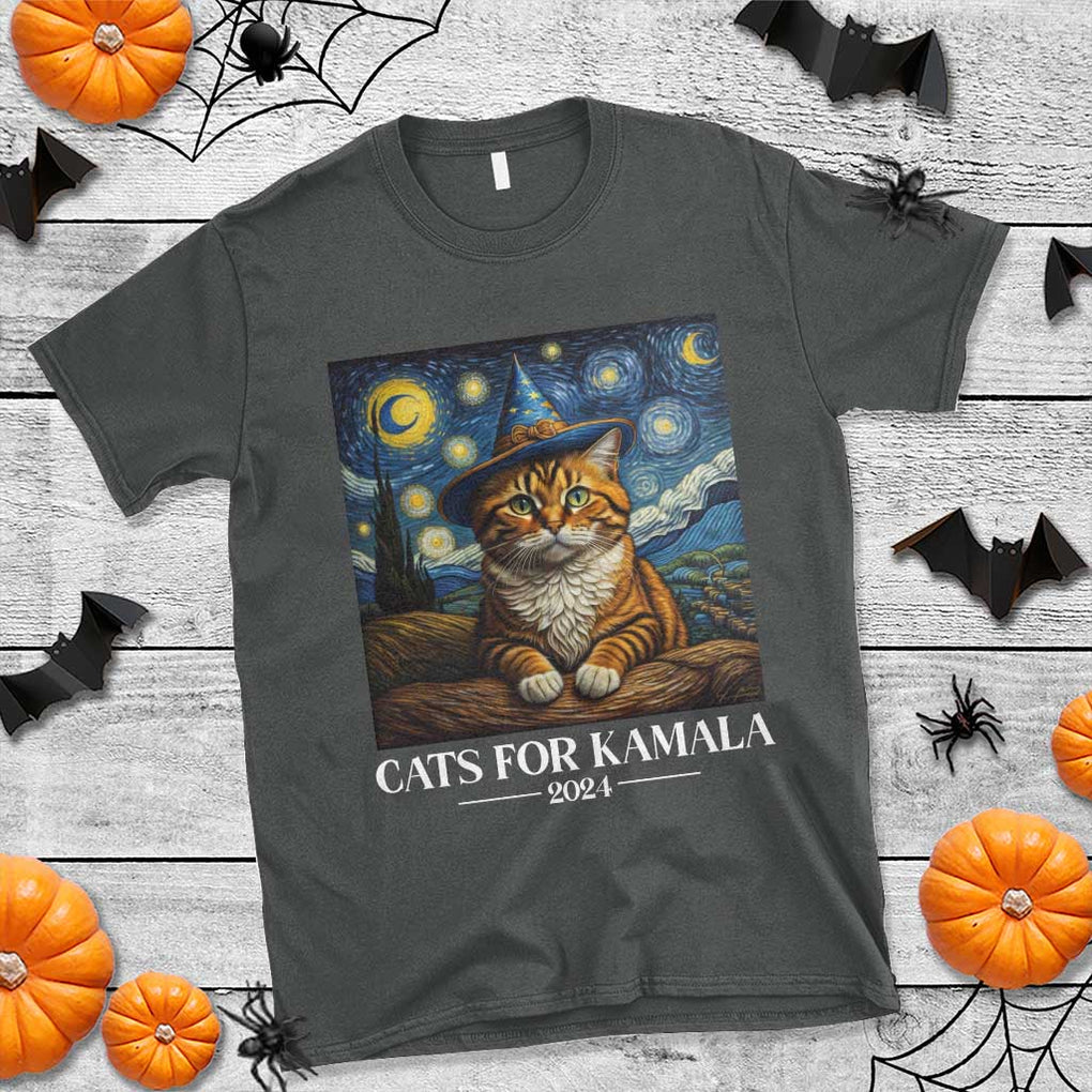 Harris Halloween T Shirt Cats For Kamala 2024 Starry Night Witch Cat TS11 Dark Heather Print Your Wear