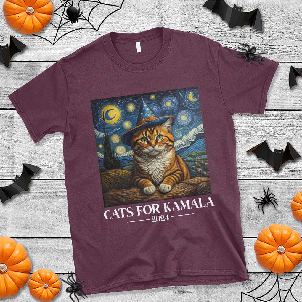 Harris Halloween T Shirt Cats For Kamala 2024 Starry Night Witch Cat TS11 Maroon Print Your Wear