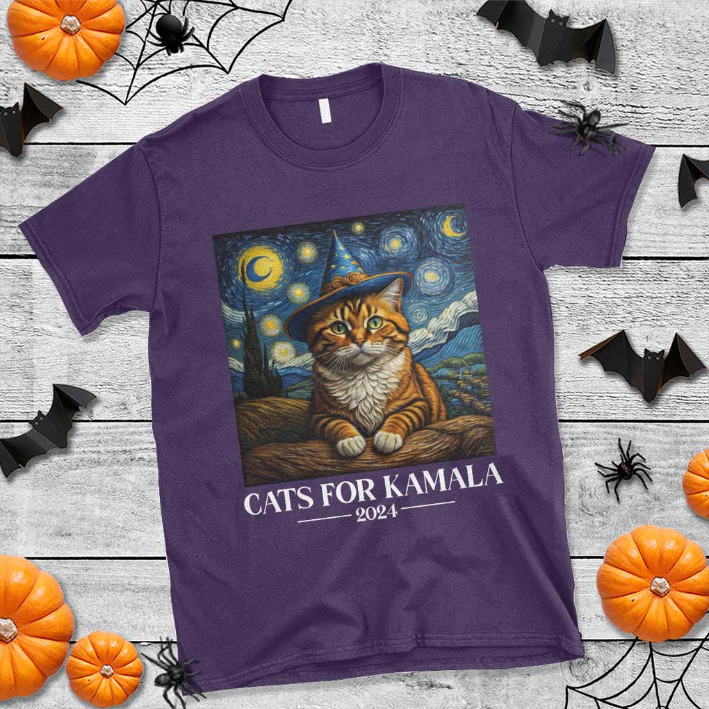 Harris Halloween T Shirt Cats For Kamala 2024 Starry Night Witch Cat TS11 Purple Print Your Wear