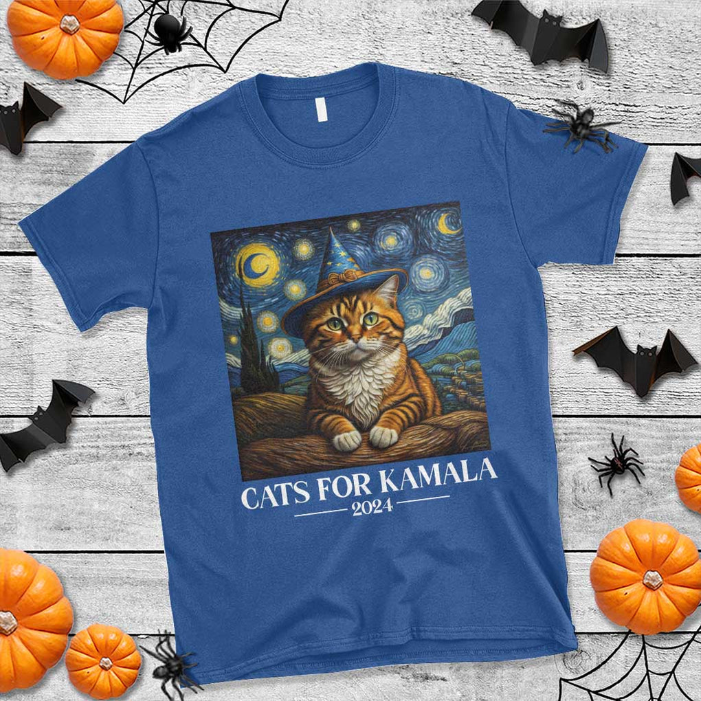 Harris Halloween T Shirt Cats For Kamala 2024 Starry Night Witch Cat TS11 Royal Blue Print Your Wear