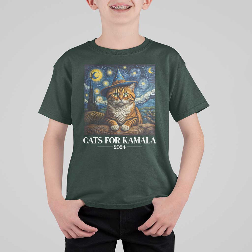 Harris Halloween T Shirt For Kid Cats For Kamala 2024 Starry Night Van Gogh Witch Cat TS11 Dark Forest Green Print Your Wear