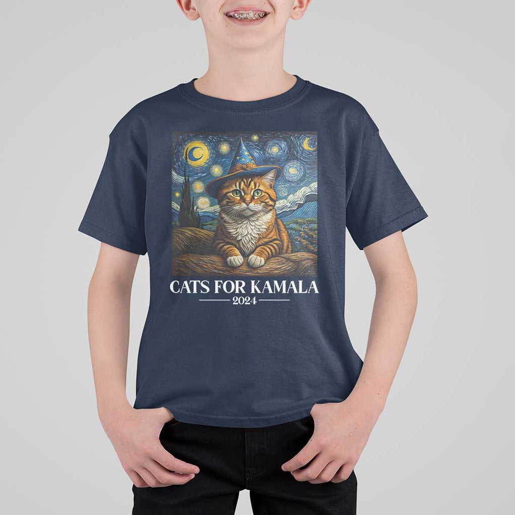 Harris Halloween T Shirt For Kid Cats For Kamala 2024 Starry Night Van Gogh Witch Cat TS11 Navy Print Your Wear