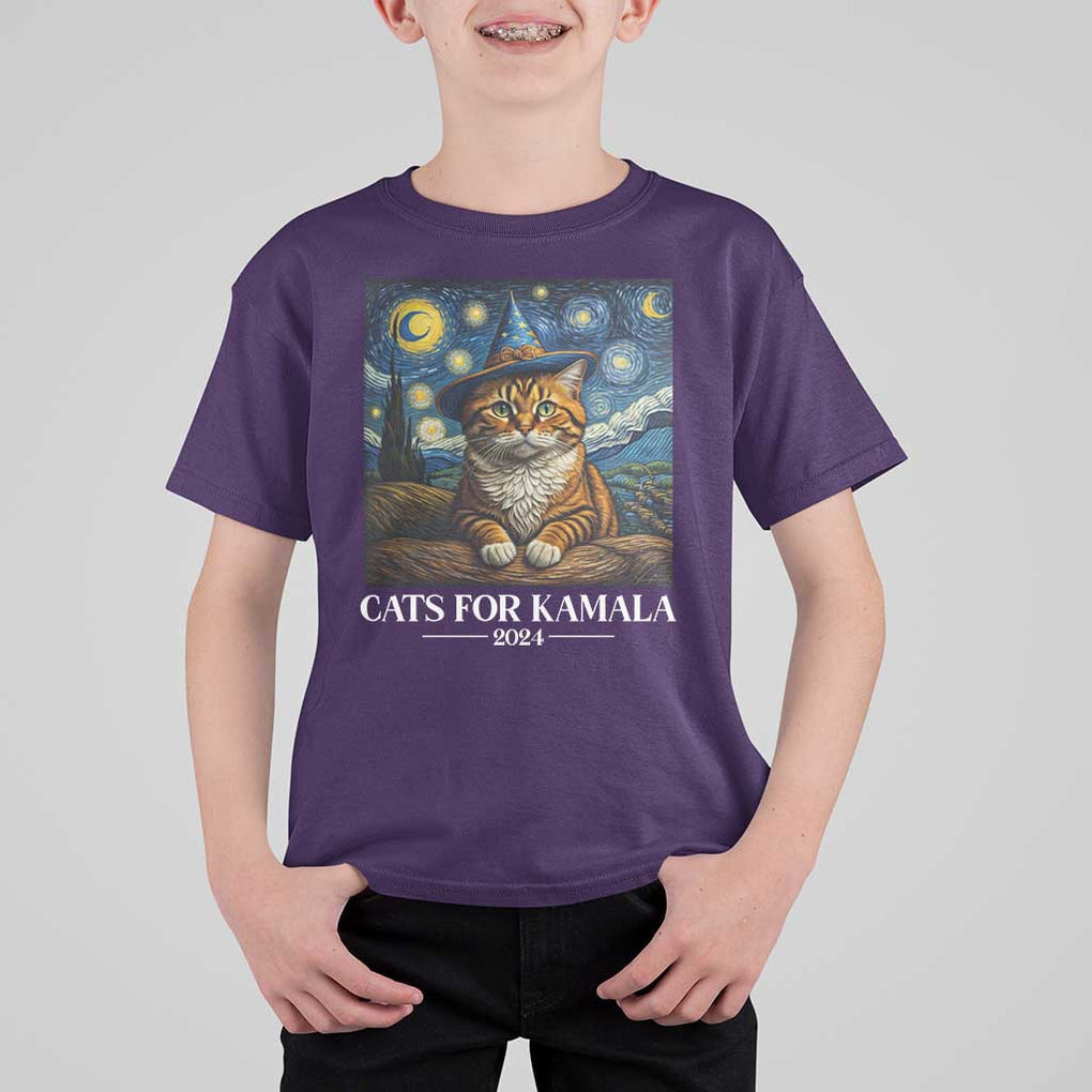 Harris Halloween T Shirt For Kid Cats For Kamala 2024 Starry Night Van Gogh Witch Cat TS11 Purple Print Your Wear