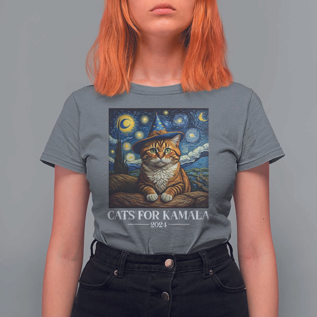 Harris Halloween T Shirt For Women Cats For Kamala 2024 Starry Night Van Gogh Witch Cat TS11 Charcoal Print Your Wear