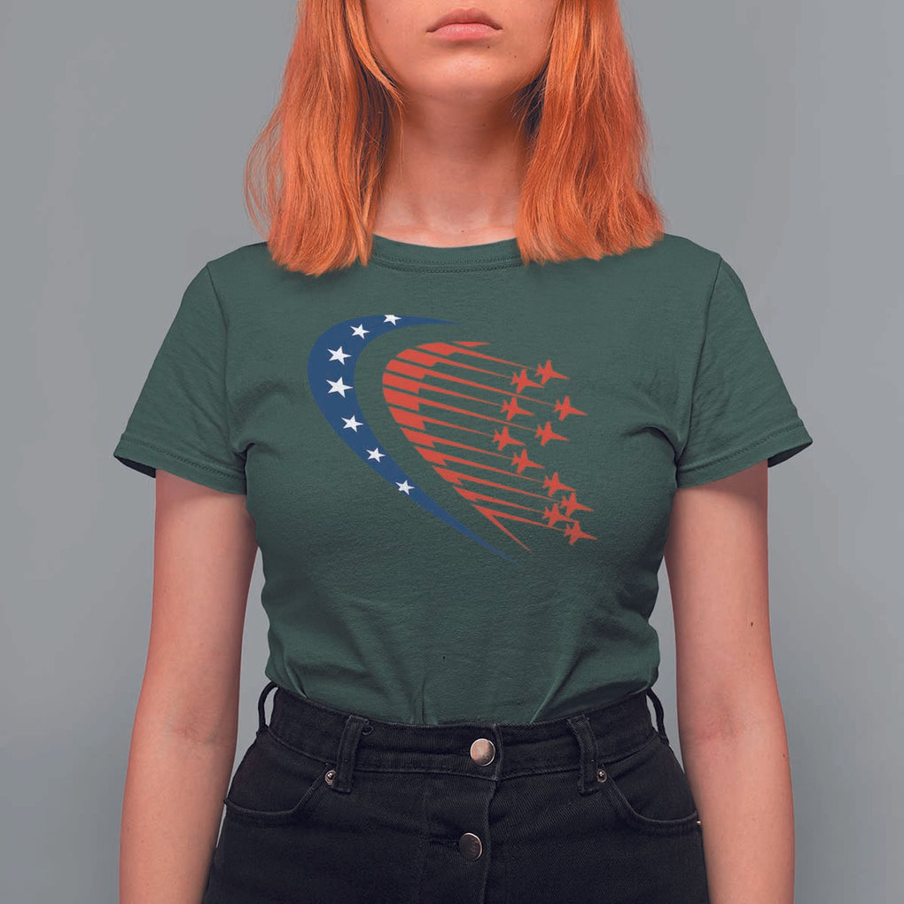 Patriotic T Shirt For Women American Flag Fighter Jets Airplane 4th Of July TS11 Dark Forest Green Print Your Wear