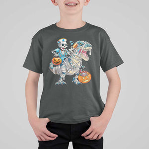 Funny Halloween Nurse T Shirt For Kid Skeleton Nurse Riding Mummy Dinosaur Pumpkin Candy TS11 Dark Heather Print Your Wear