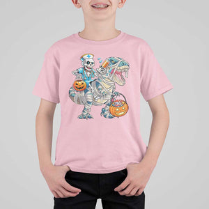 Funny Halloween Nurse T Shirt For Kid Skeleton Nurse Riding Mummy Dinosaur Pumpkin Candy TS11 Light Pink Print Your Wear