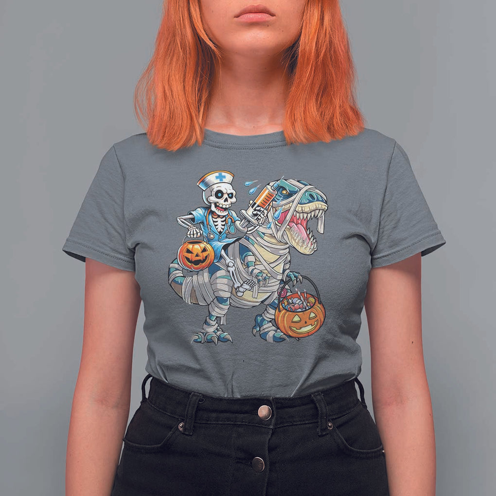 Funny Halloween Nurse T Shirt For Women Skeleton Nurse Riding Mummy Dinosaur Pumpkin Candy TS11 Charcoal Print Your Wear