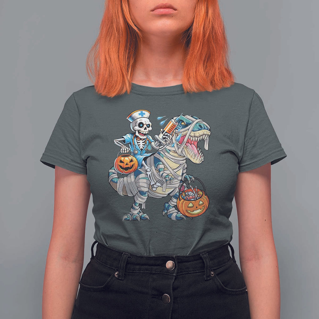 Funny Halloween Nurse T Shirt For Women Skeleton Nurse Riding Mummy Dinosaur Pumpkin Candy TS11 Dark Heather Print Your Wear