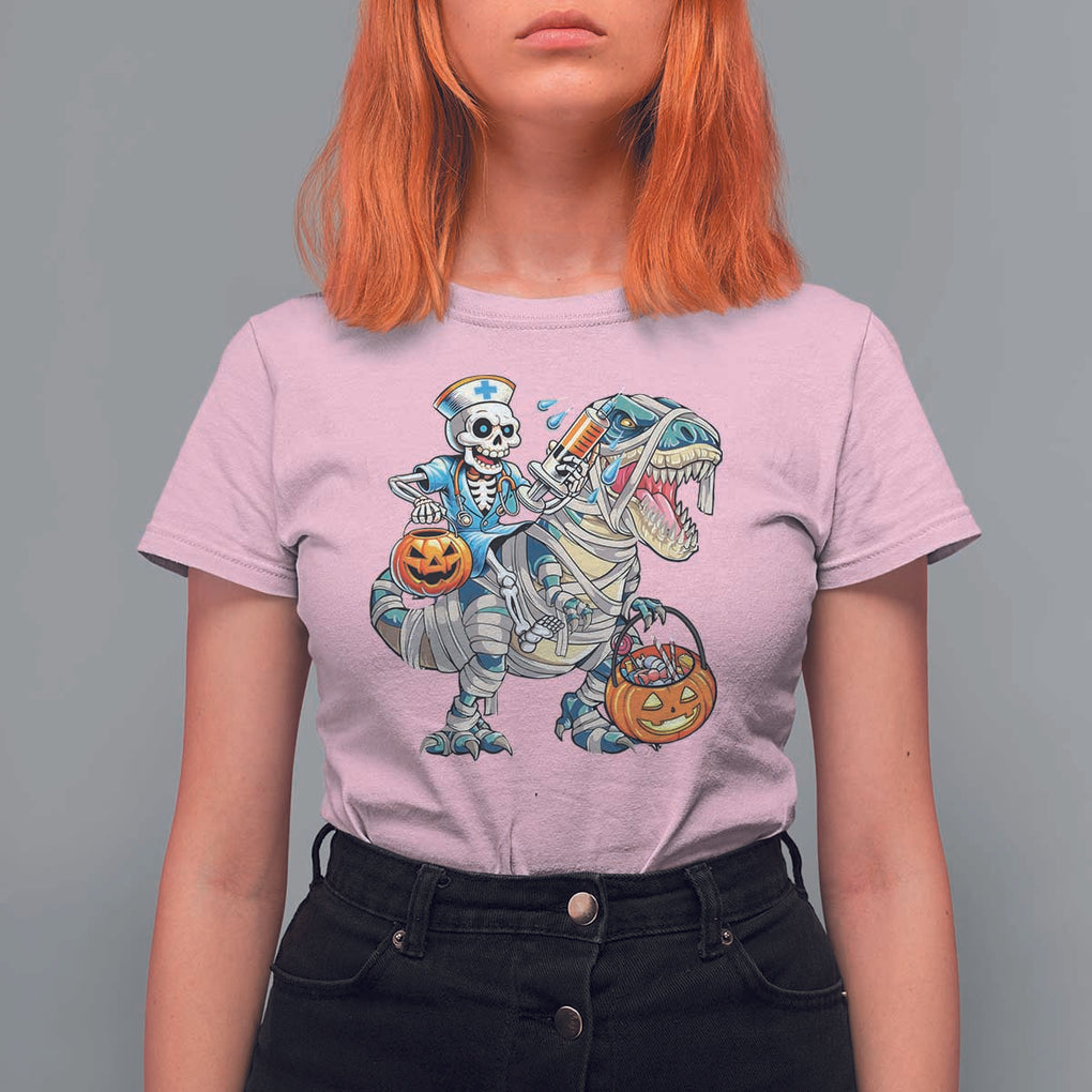 Funny Halloween Nurse T Shirt For Women Skeleton Nurse Riding Mummy Dinosaur Pumpkin Candy TS11 Light Pink Print Your Wear